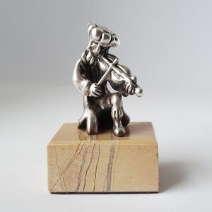 Sterling Silver 925 Ben Zion Fiddler Sculpture on Marble Base Israel 1960s Vtg